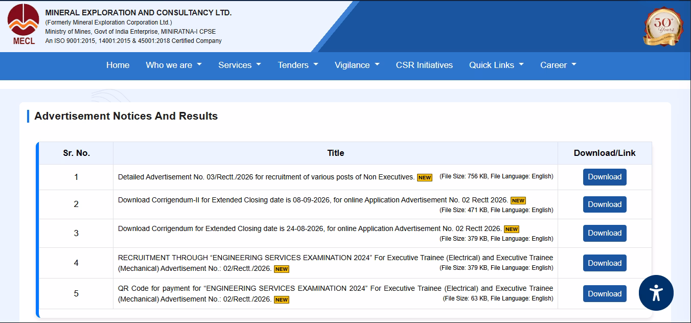 MECL Non Executive Recruitment 2026